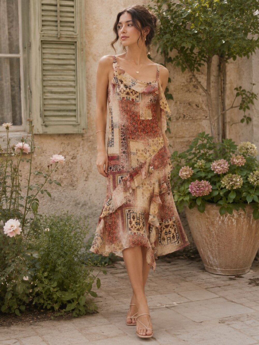 Favori Ruffle Midi Dress Patchwork Print Sz 38